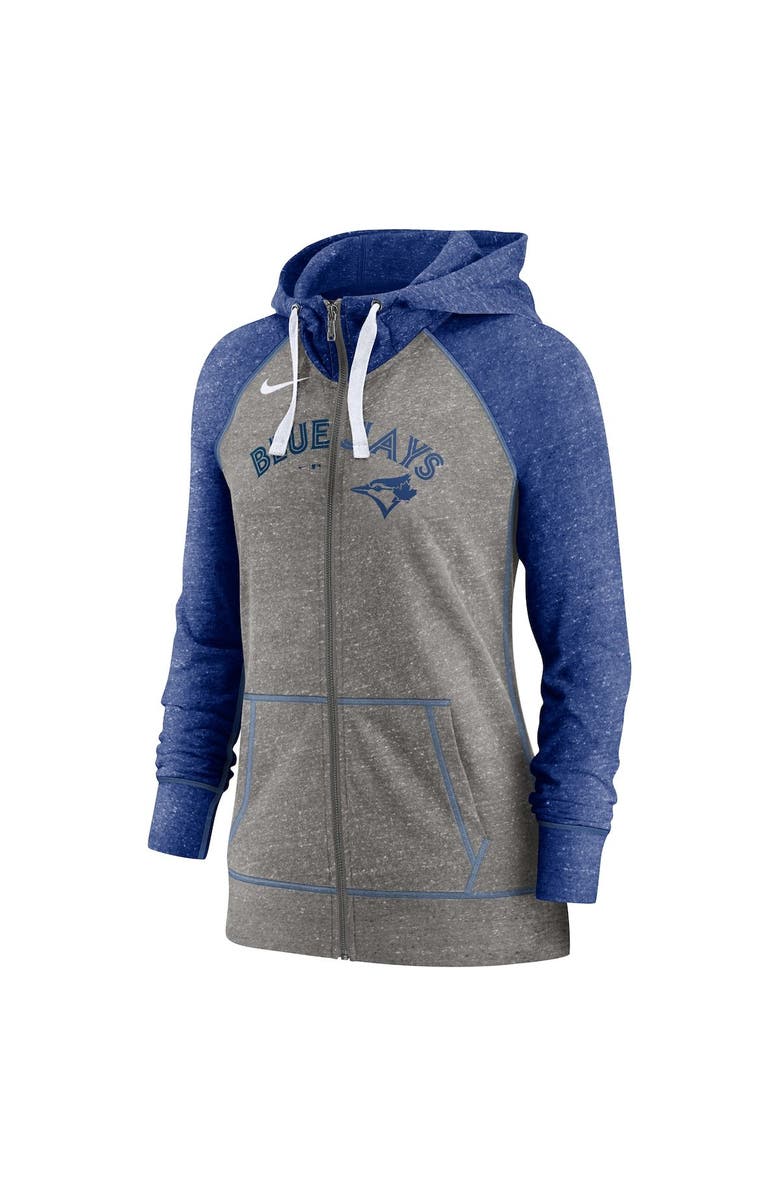 Nike Women's Nike Heathered Charcoal/Heathered Royal Toronto Blue Jays Split Wordmark Gym Vintage Raglan Slub Full-Zip Hoodie, Alternate, color,