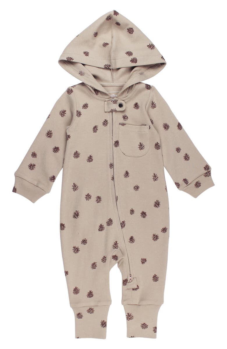 L'ovedbaby Print Organic Cotton Hooded Romper, Main, color, Oatmeal Pinecone