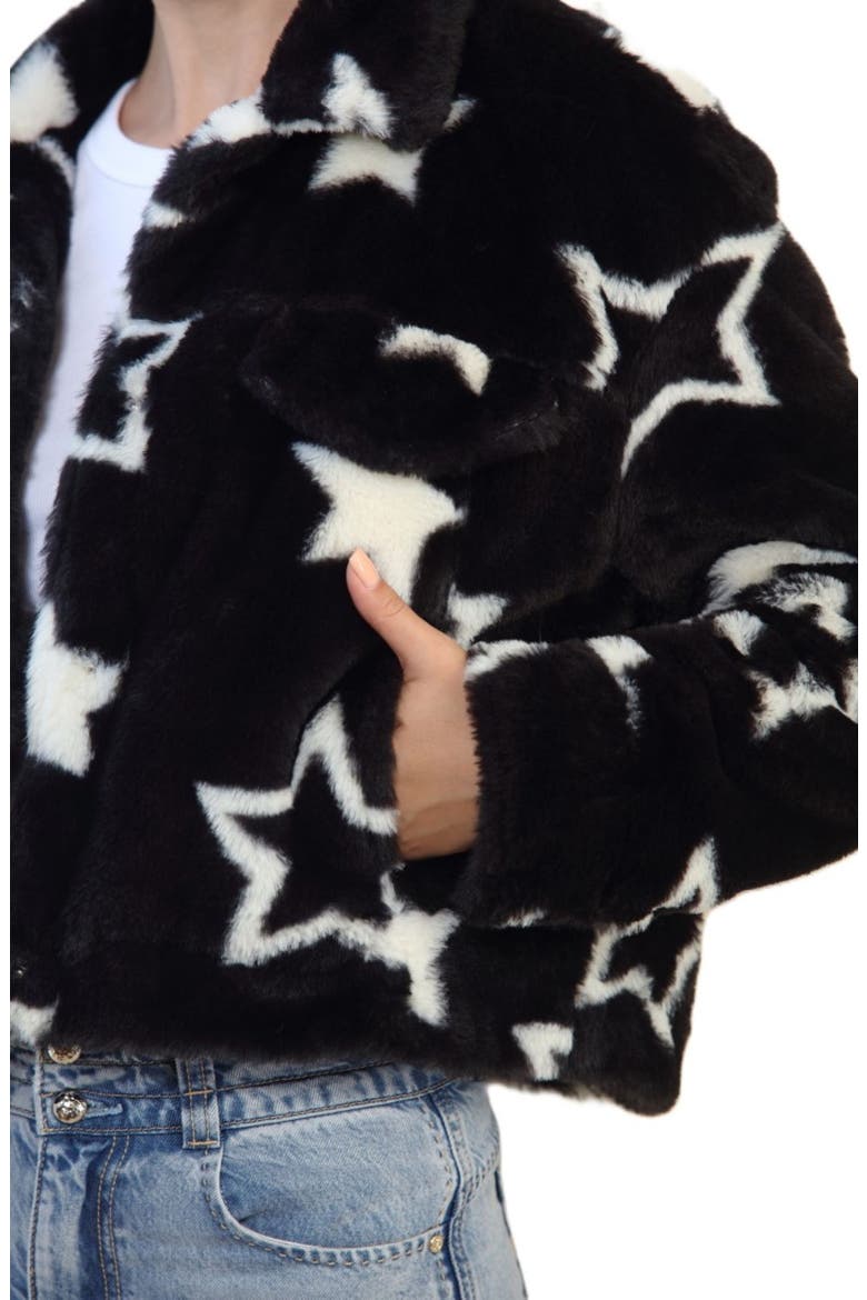 Printed Faux Fur Trucker Jacket, Alternate, color, BLACK/ WHITE STAR
