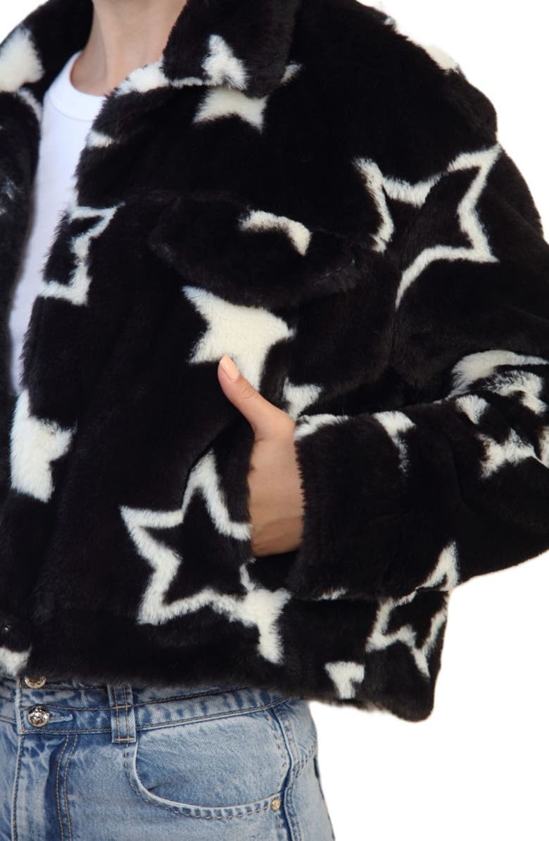 Stoosh Printed Faux Fur Trucker Jacket, Alternate, color, Black/ White Star