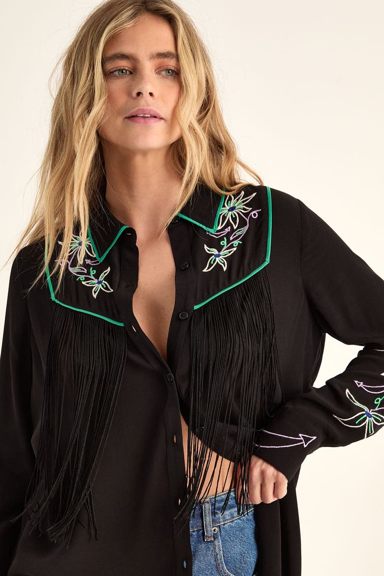 Embroidered Fringe Western Shirt, Alternate, color, Black