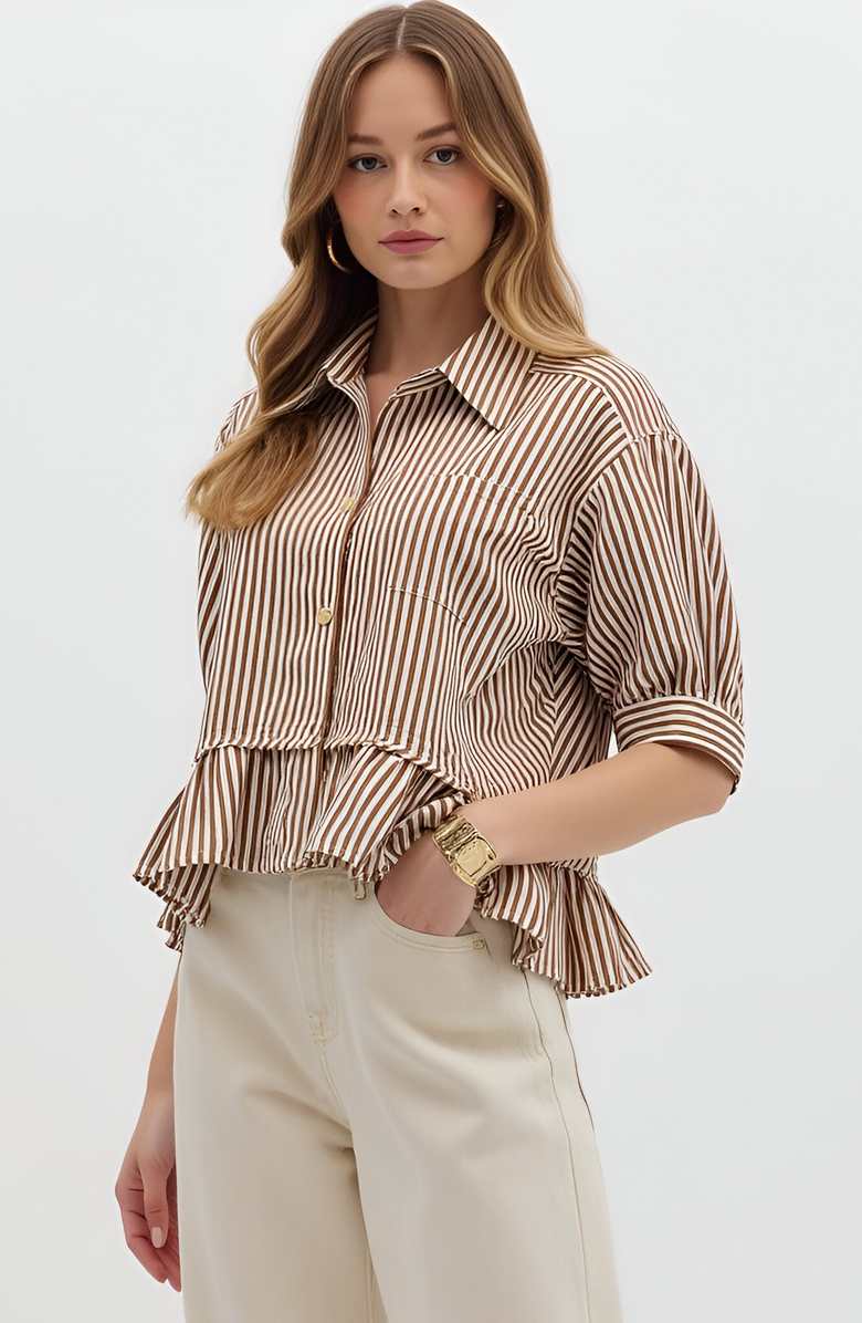 Modenaire Striped Button Front Blouse with 3/4 Sleeves and Ruffle Hem, Alternate, color,