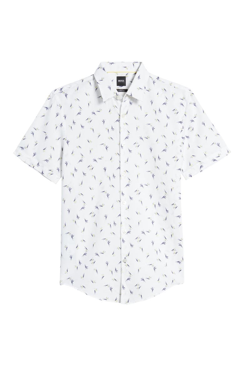 Ronn Slim Fit Print Short Sleeve Button-Up Linen & Cotton Shirt, Alternate, color, WHITE