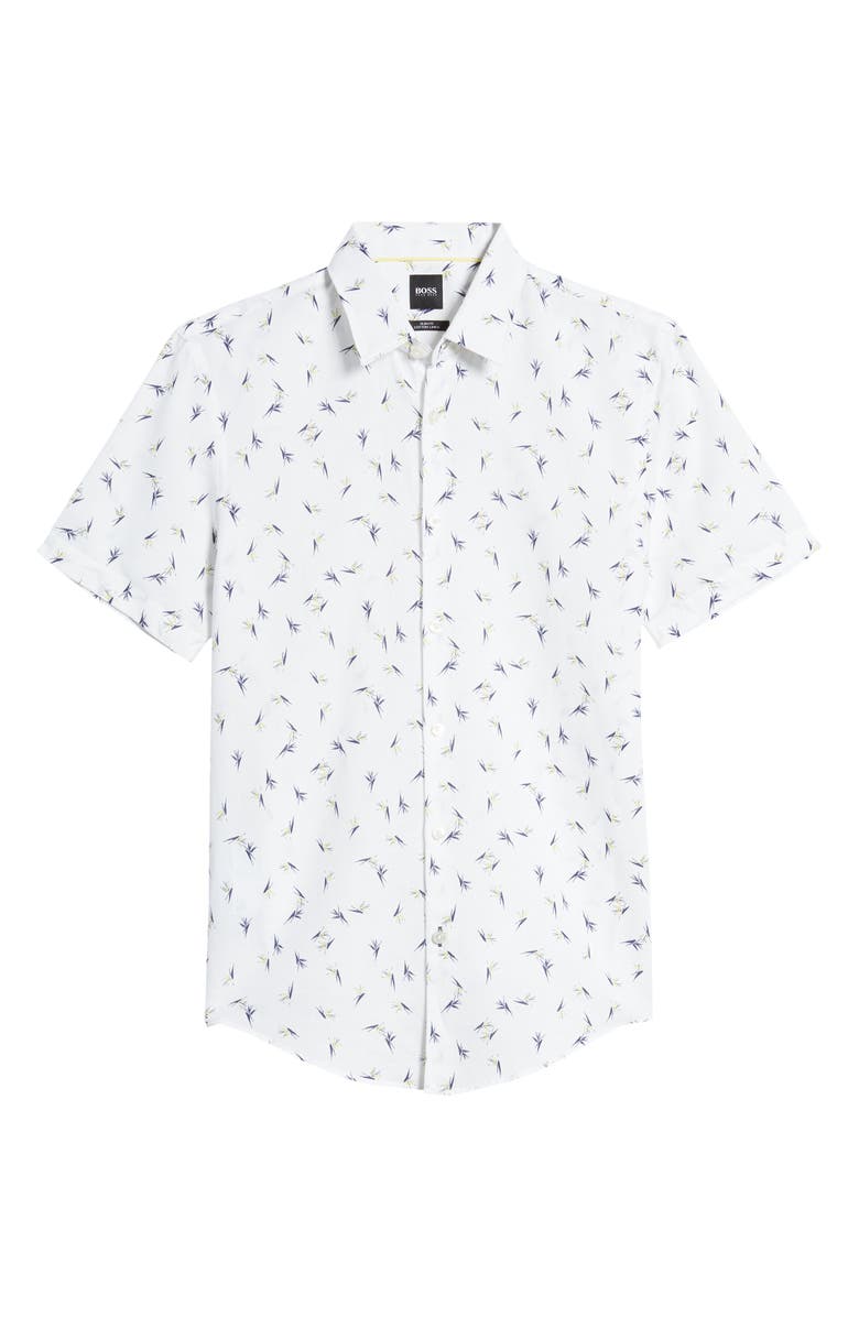 BOSS Ronn Slim Fit Print Short Sleeve Button-Up Linen & Cotton Shirt, Alternate, color, 