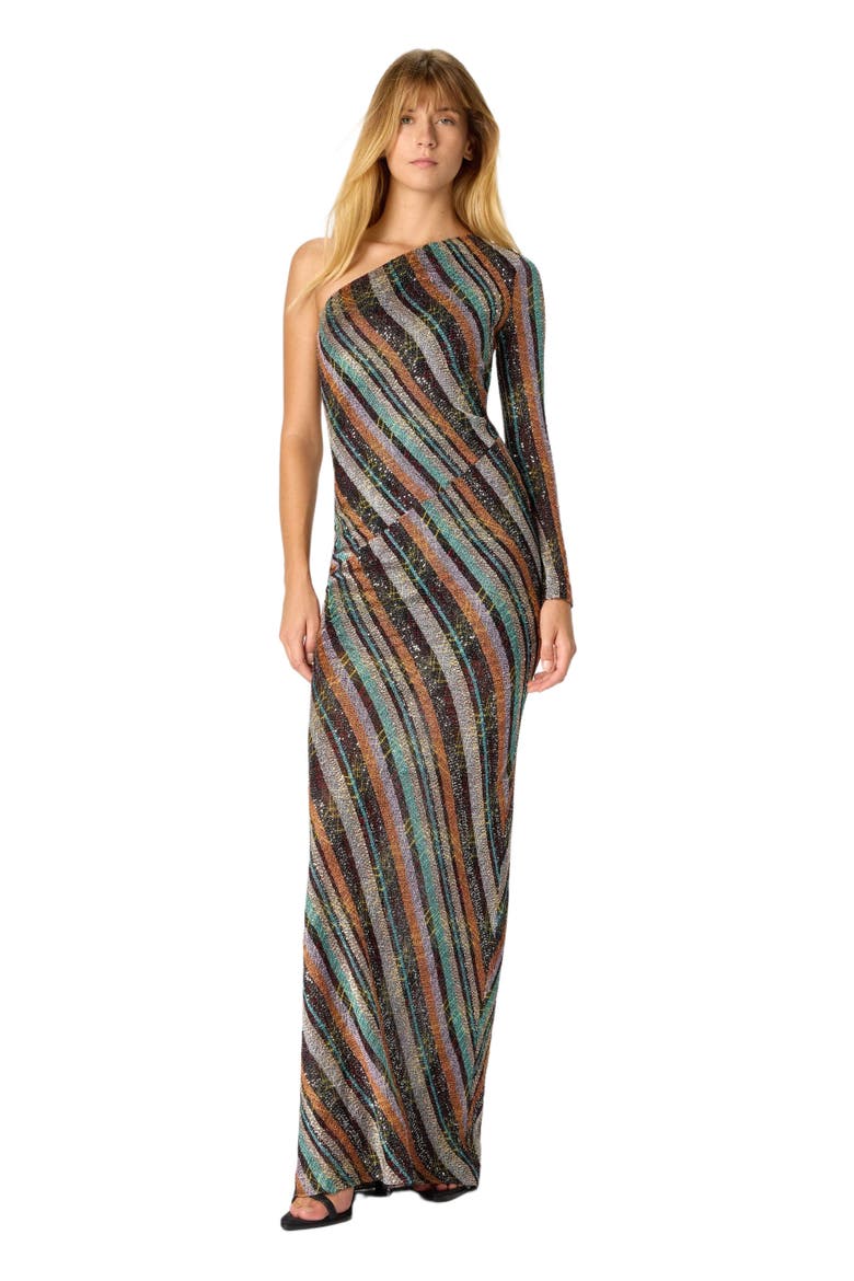 One-shoulder Long Dress In Irregular Zig Zag Knit With Sequins, Alternate, color, Multicoloured