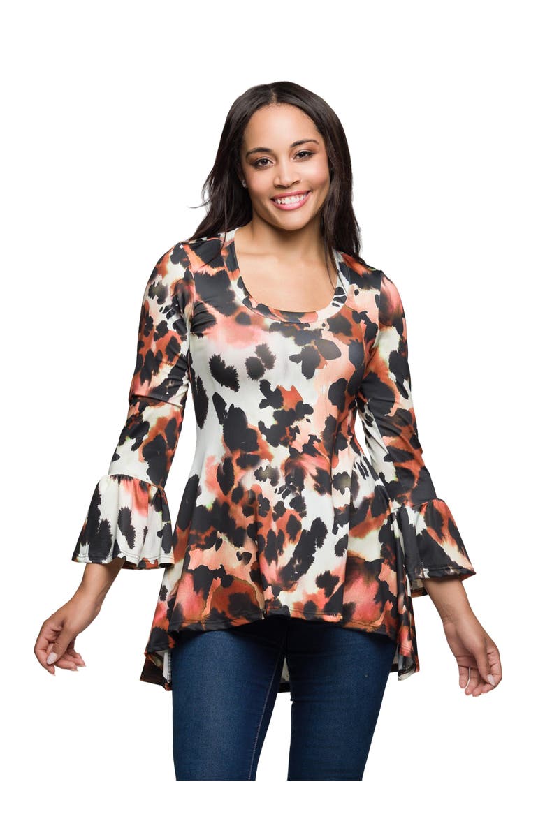 24seven Comfort Apparel Scoop Neck Bell Sleeve Tunic Top Animal Print, Main, color, Brown Multi