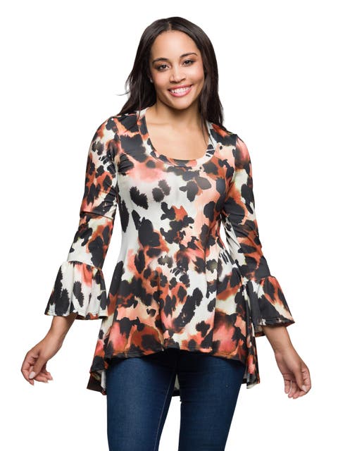 Scoop Neck Bell Sleeve Tunic Top Animal Print