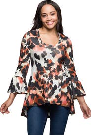 24seven Comfort Apparel Scoop Neck Bell Sleeve Tunic Top Animal Print