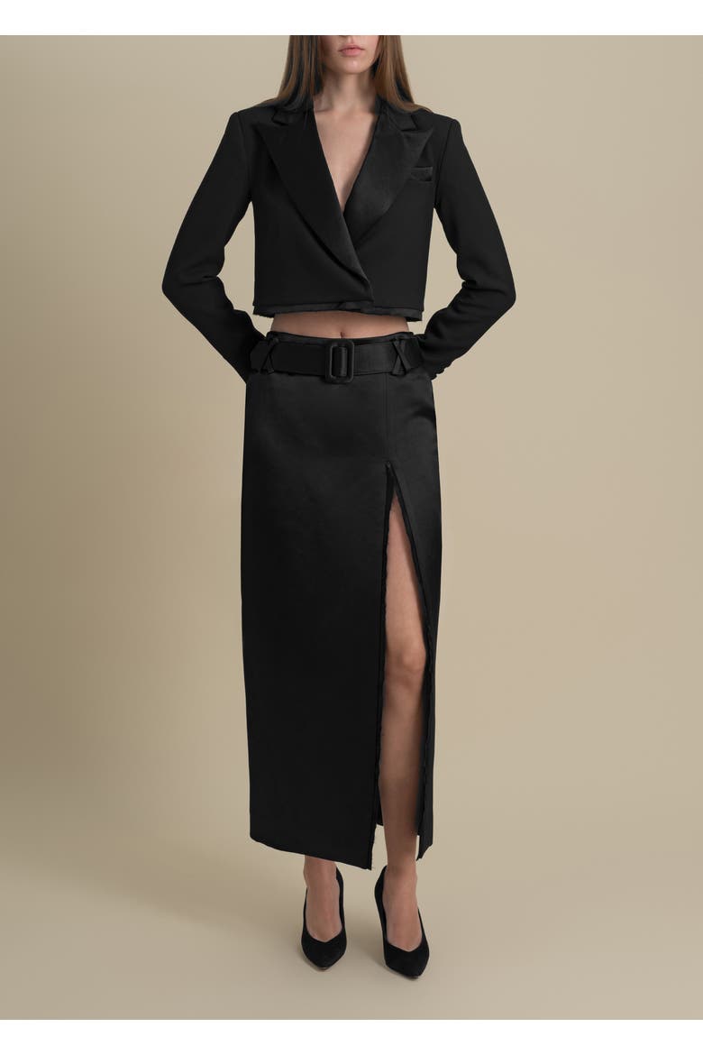 Morgaine Stretch Sateen Structured Refined Cropped Blazer, Alternate, color, Black