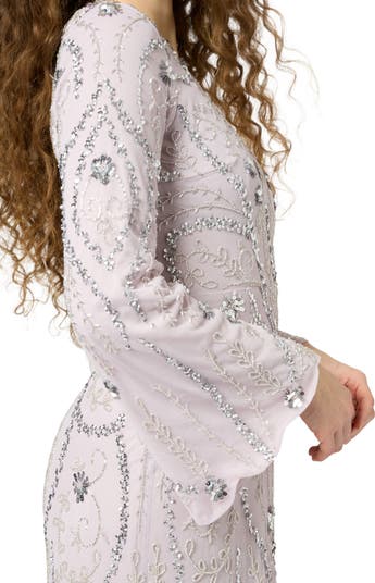 Modest Embellished Sequin Beaded Maxi Dress With Long Sleeves