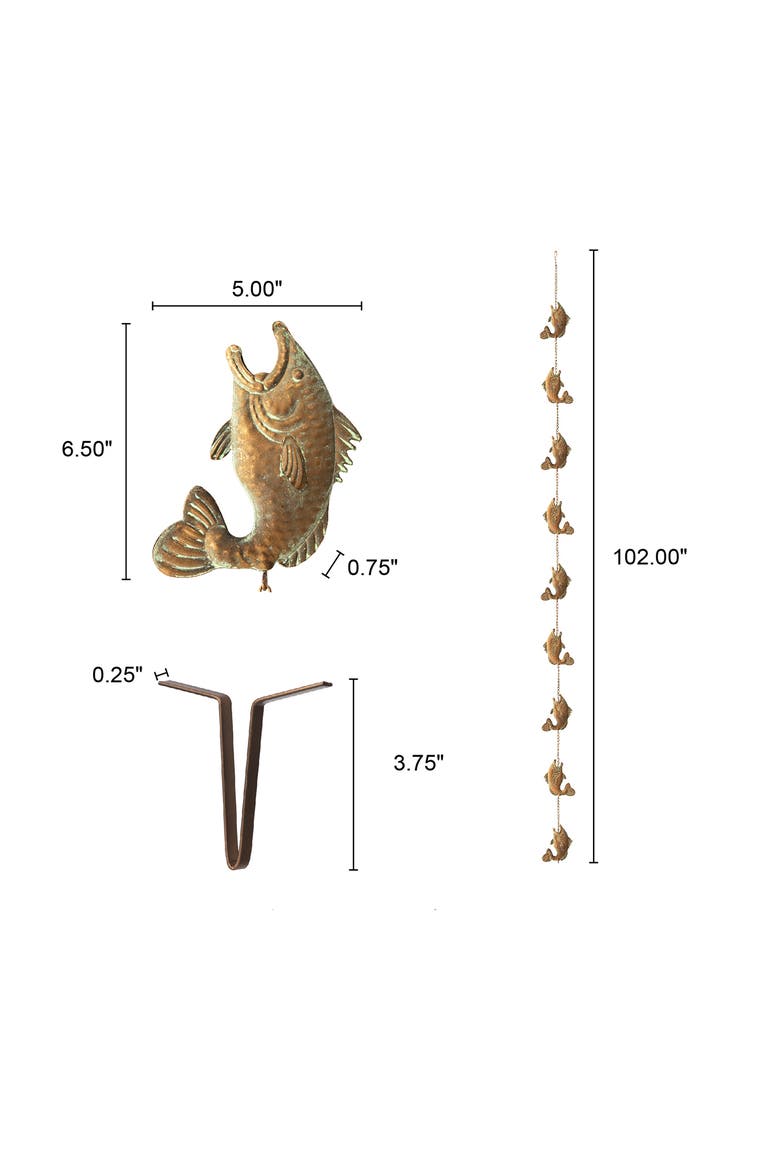 8.5ft Faux Copper Patina Finish Fish Shaped Rain Chain with Clip, Alternate, color, Gold