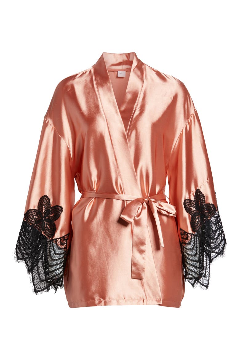Drama Lace Trim Satin Robe, Alternate, color, CAMEO BROWN/ BLACK