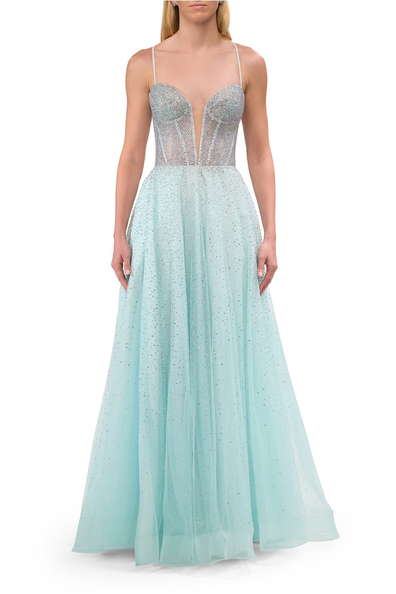 Prom Gown with Rhinestone Tulle and Illusion Corset Bodice, Main, color, Arctic Blue
