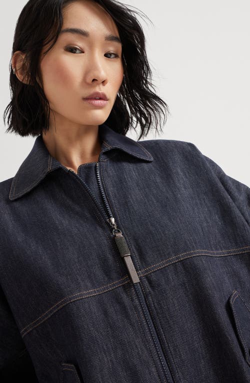 Brunello Cucinelli Denim-effect Twill Bomber Jacket With Shiny Zip In Dark Denim