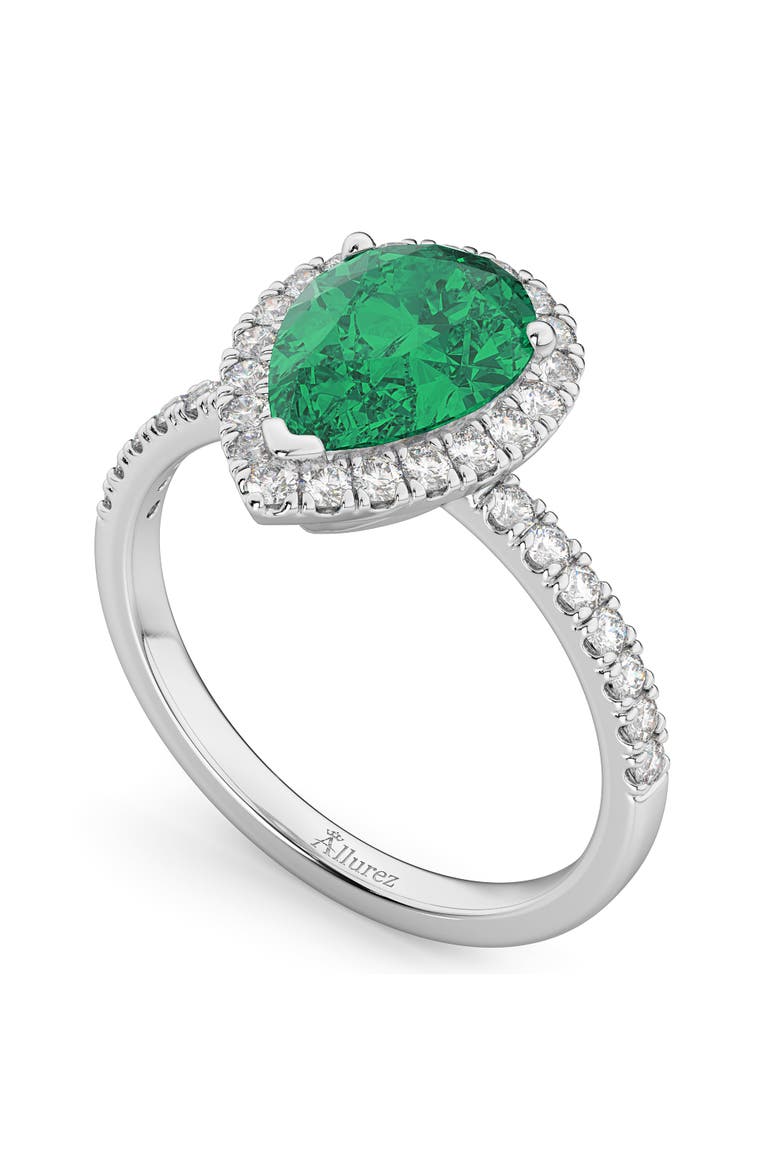 Pear Halo Emerald & Diamond Engagement Ring 14K Gold, Alternate, color, 3.21ct/White Gold