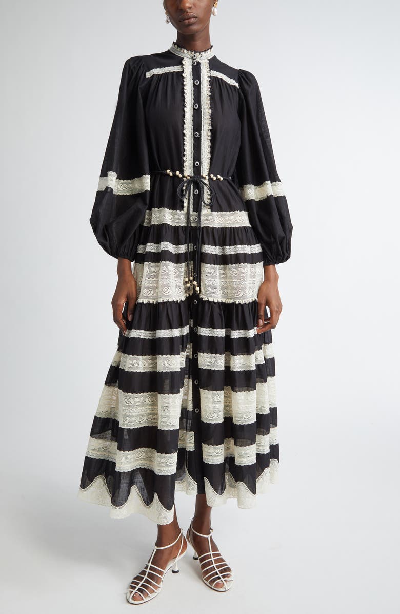 Zimmermann Rhiannon Lace Stripe Long Sleeve Billow Midi Shirtdress, Main, color, Black/ Cream