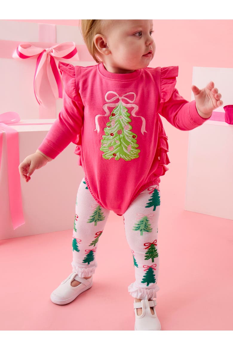 Holiday Patterned Footless Ruffle Tights, Alternate, color, Christmas Tree Bows