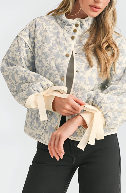 Modenaire Floral Quilted Jacket With Puff Sleeves And Satin Bow Cuffs In Blue