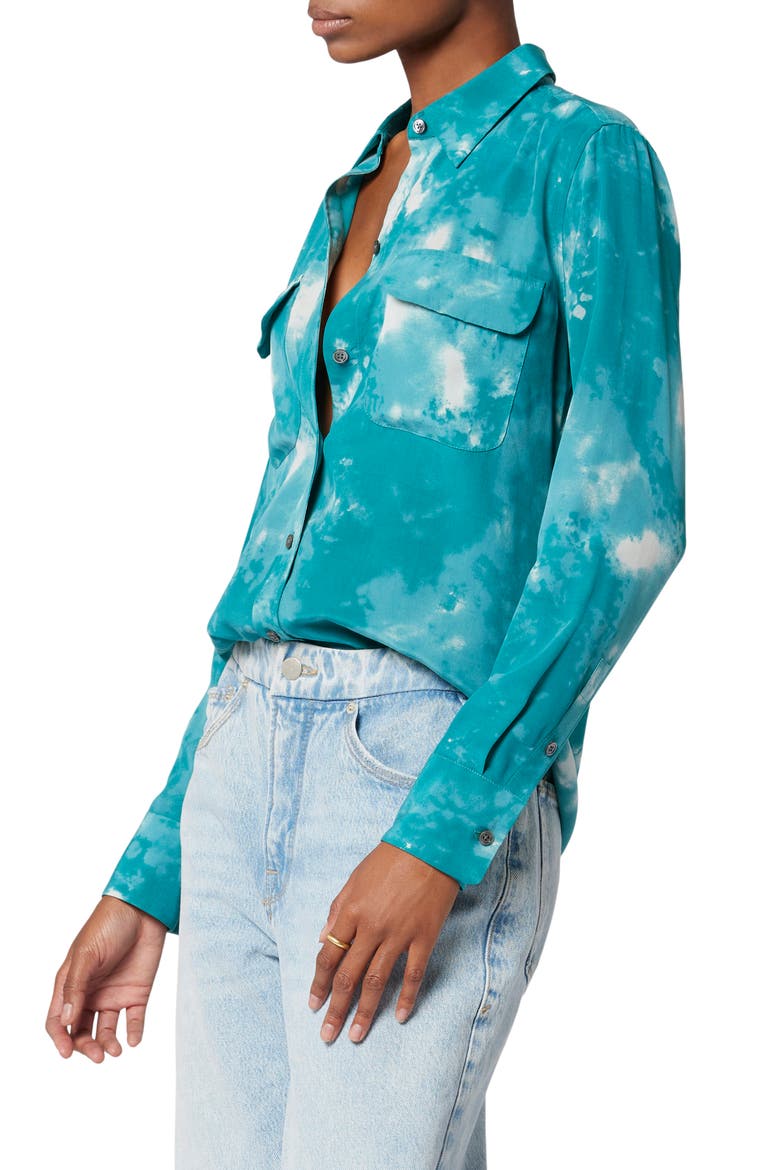 Signature Slim Fit Silk Button-Up Shirt, Alternate, color, SPRING TEAL AND METAL