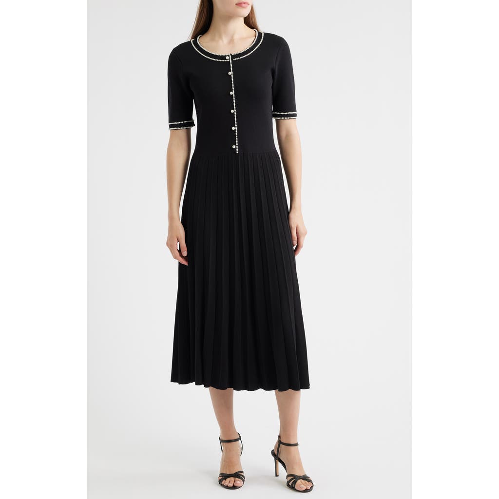 Elie Tahari The Leona Pleated Bead-trim Midi Sweater Dress