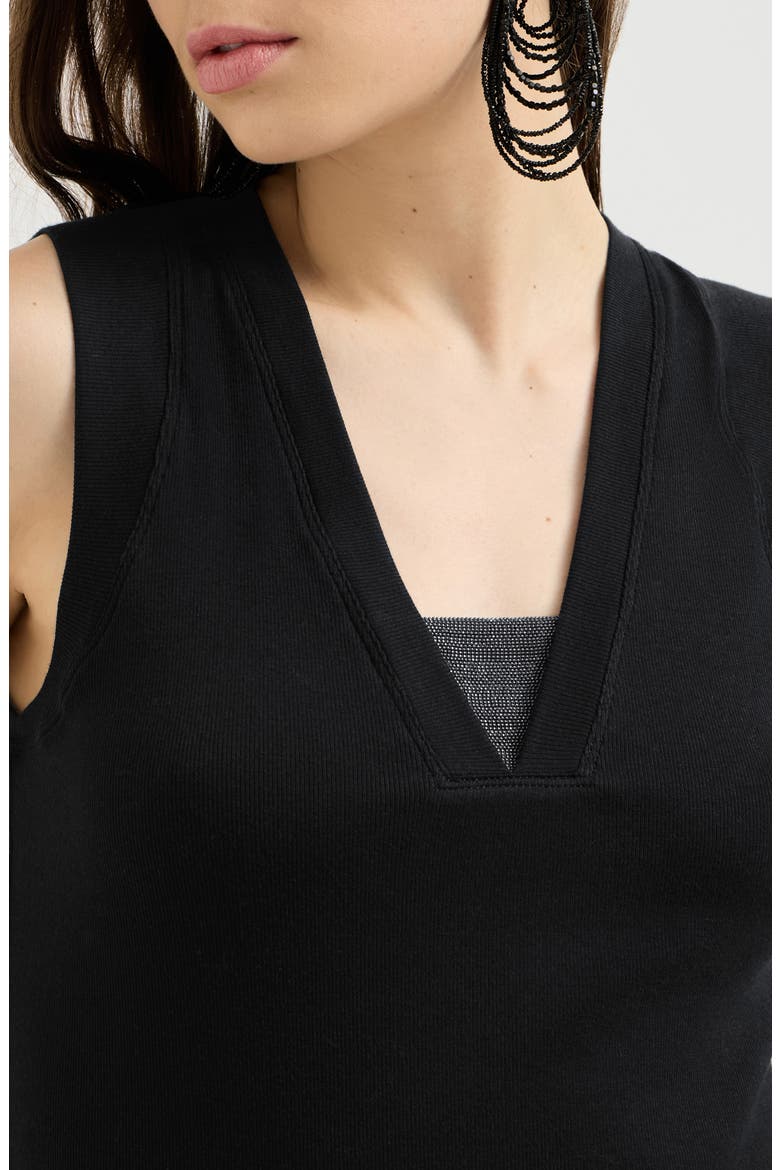 Stretch cotton jersey T-shirt with precious faux-layering, Alternate, color, Black