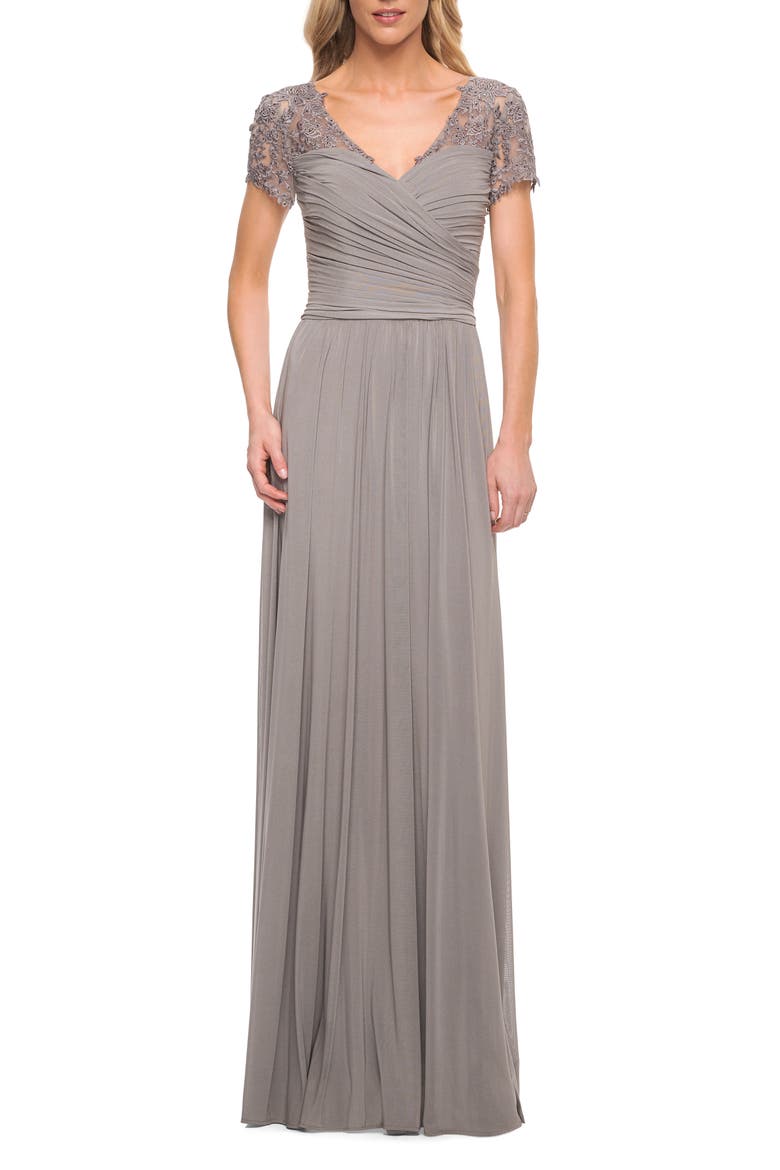 Jersey Long Evening Dress with Short Lace Sleeves, Main, color, SILVER