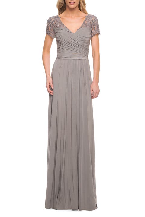Jersey Long Evening Dress with Short Lace Sleeves