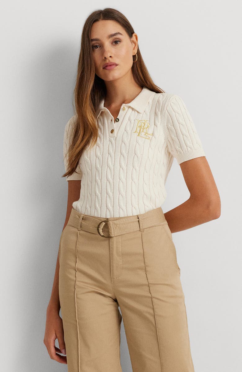 Lauren Ralph Lauren Cable Knit Cotton Polo Sweater, Alternate, color, Mascarpone Cream