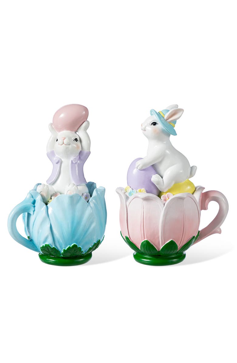 Glitzhome Set of 2 Easter Resin Bunny on Tulip Mug Table Decor, Main, color, White