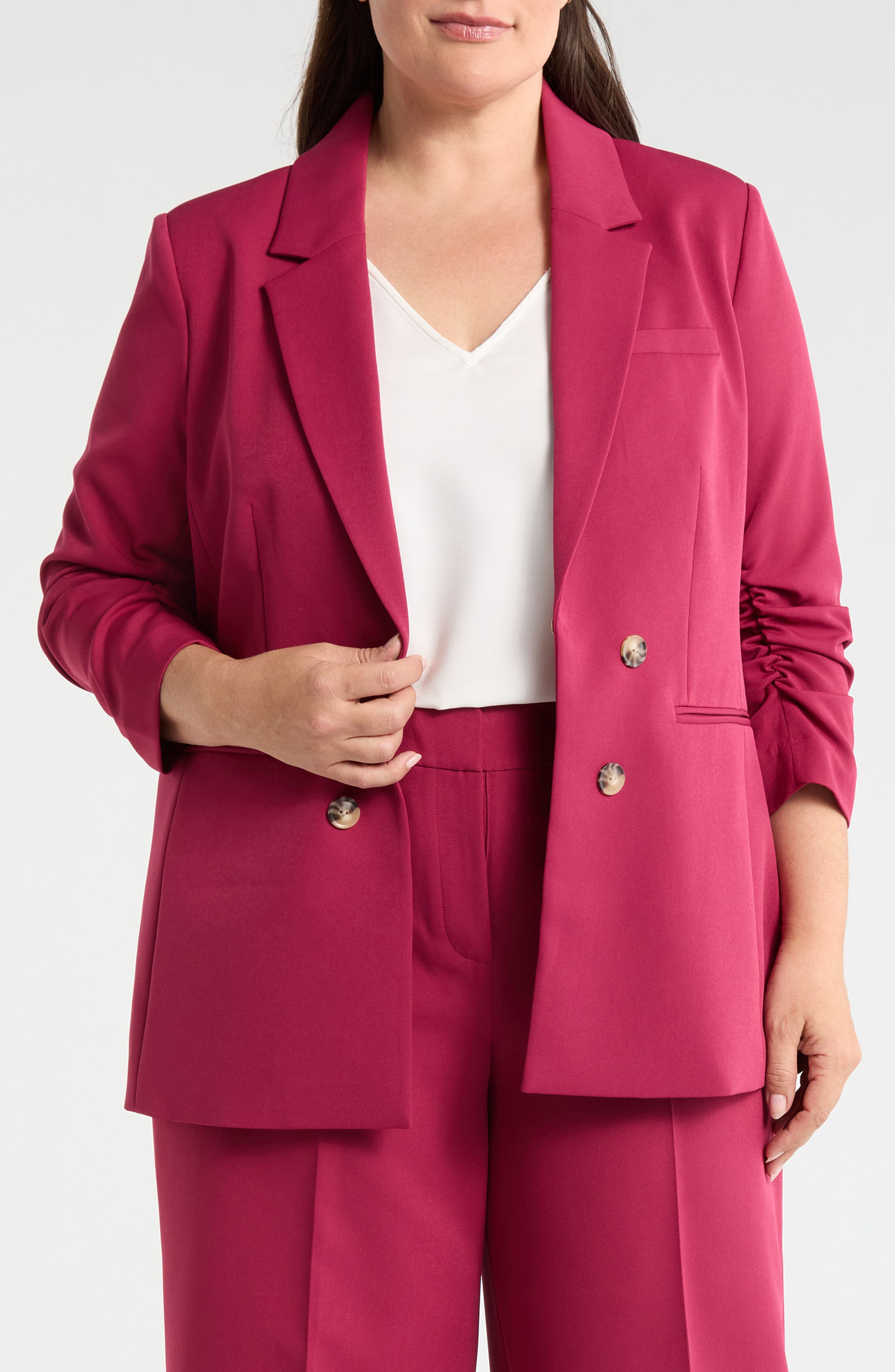 Ruched Sleeve Faux Double Breasted Blazer
