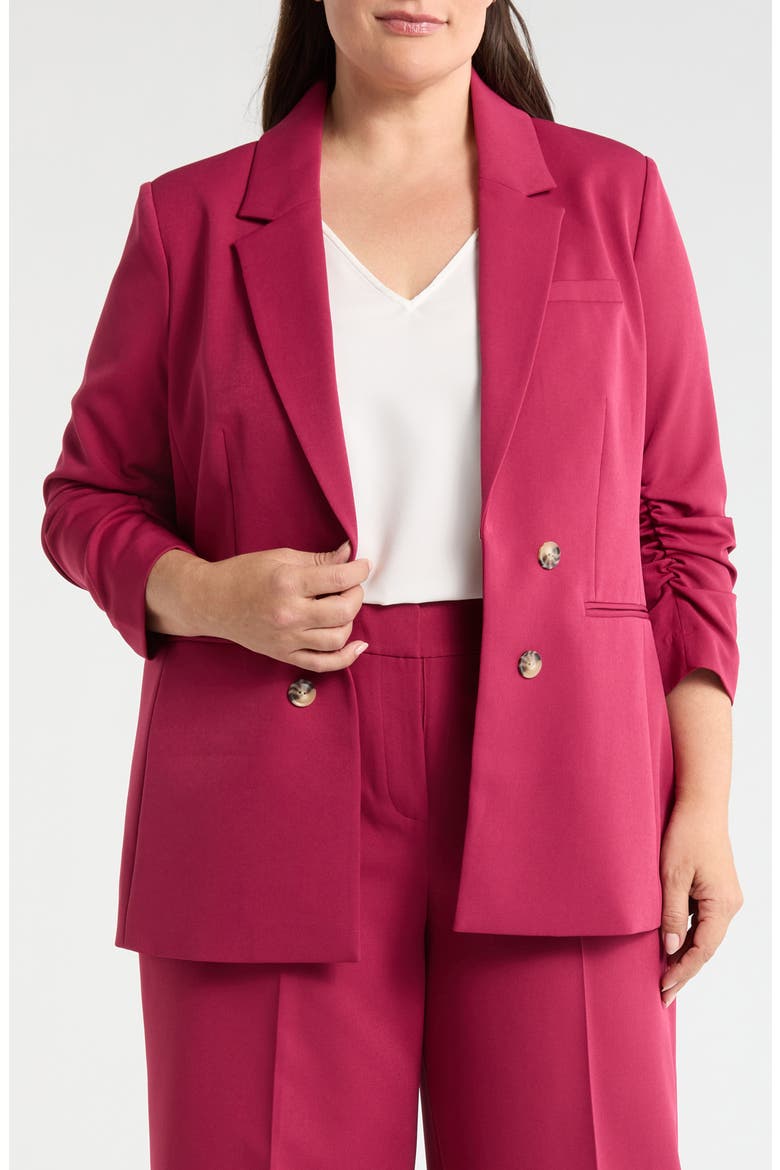 Ruched Sleeve Faux Double Breasted Blazer, Main, color, BERRY BLISS