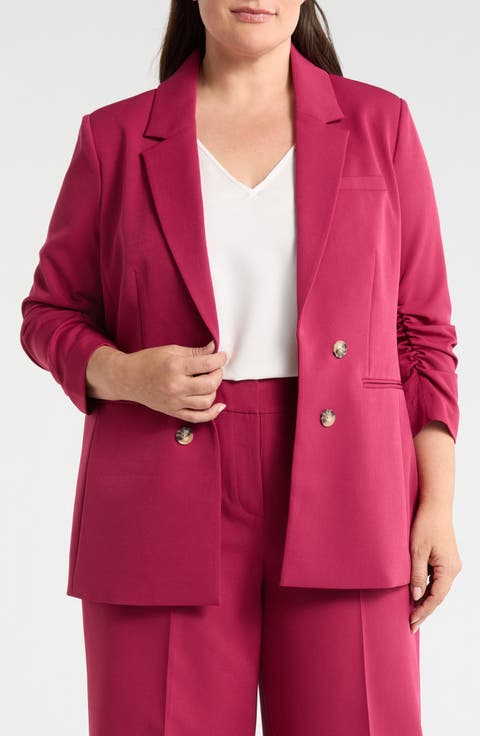 Ruched Sleeve Faux Double Breasted Blazer (Plus)