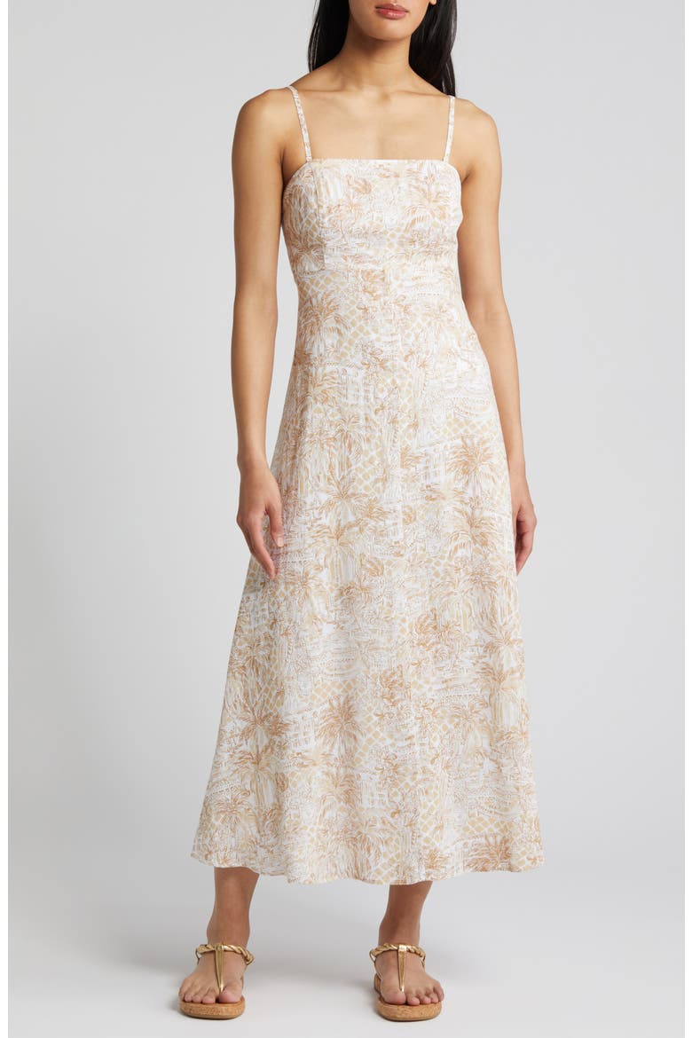 Jorgian Palm Tree Print Linen Midi Dress, Main, color, SAND BAR PALM BEACH PARADISE
