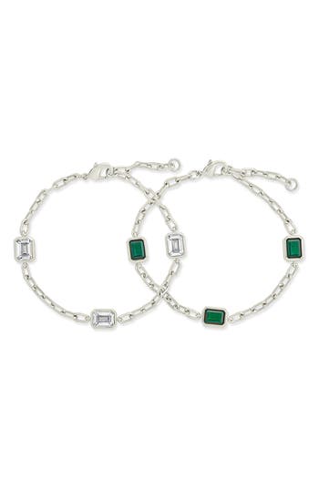 Sterling Forever Lennox Set Of 2 Cubic Zirconia Station Chain Bracelets In Silver