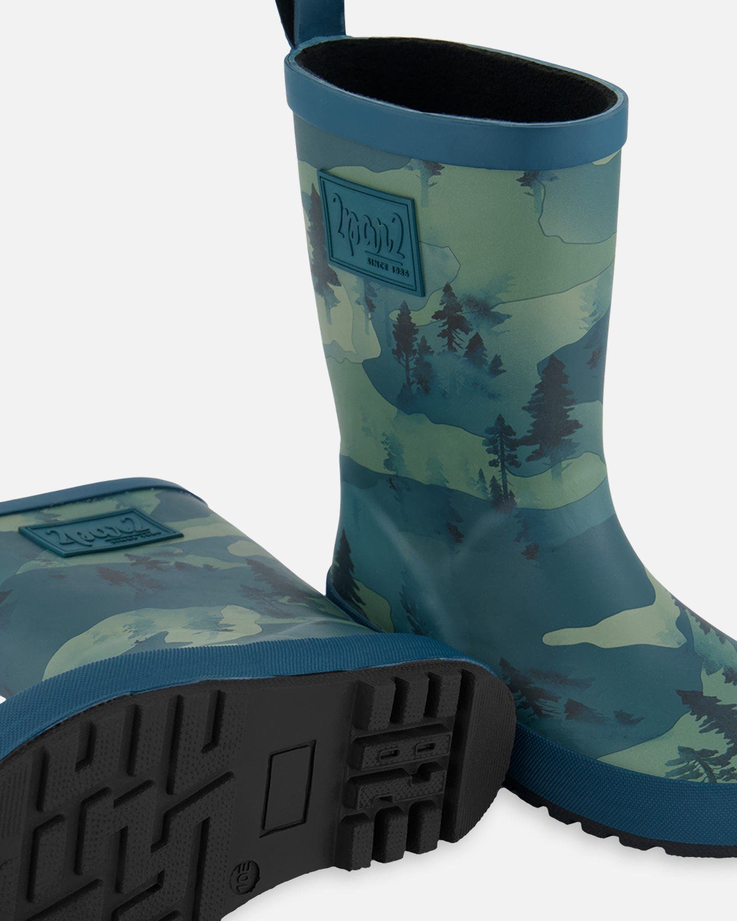 Deux par Deux Baby Boy's Printed Rain Boots Forest Green With Black Pines, Alternate, color, 