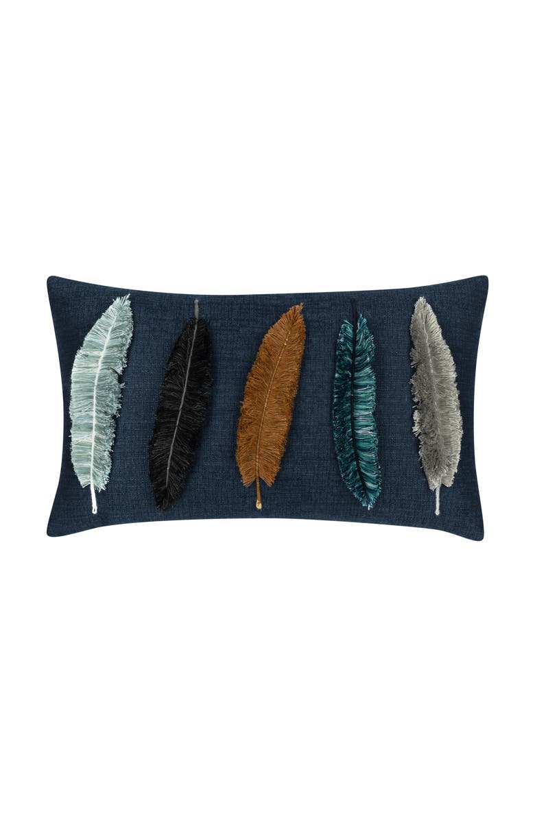 Elaine Smith Believe Handmade Feather Embroidered Applique Indoor & Outdoor Accent Pillow, Main, color, Denim