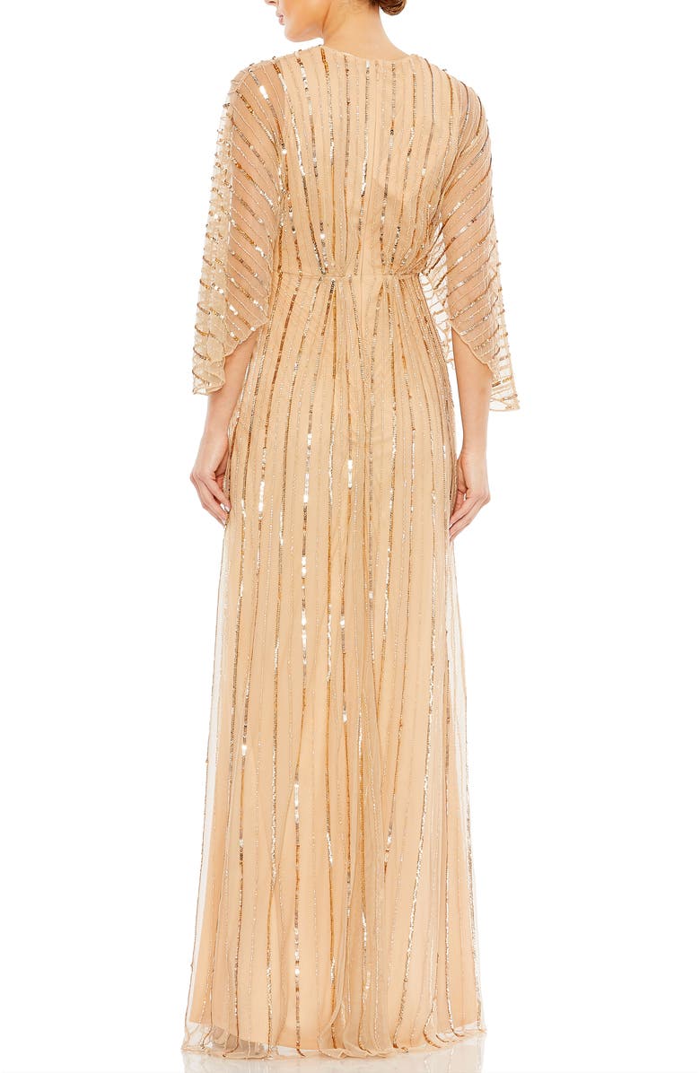 Mac Duggal Sequin Beaded Stripe Cape Sleeve V-Neck Gown, Alternate, color, Taupe