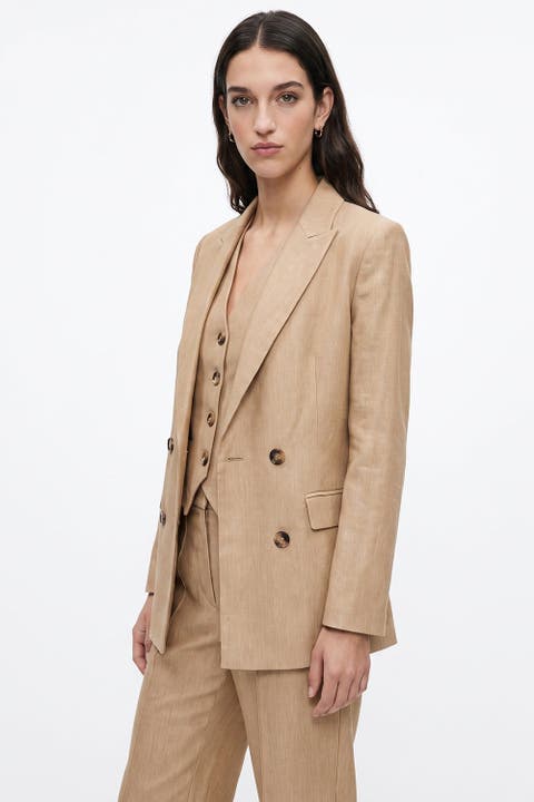 Double Breasted Linen Blend Jacket With Padded Shoulders