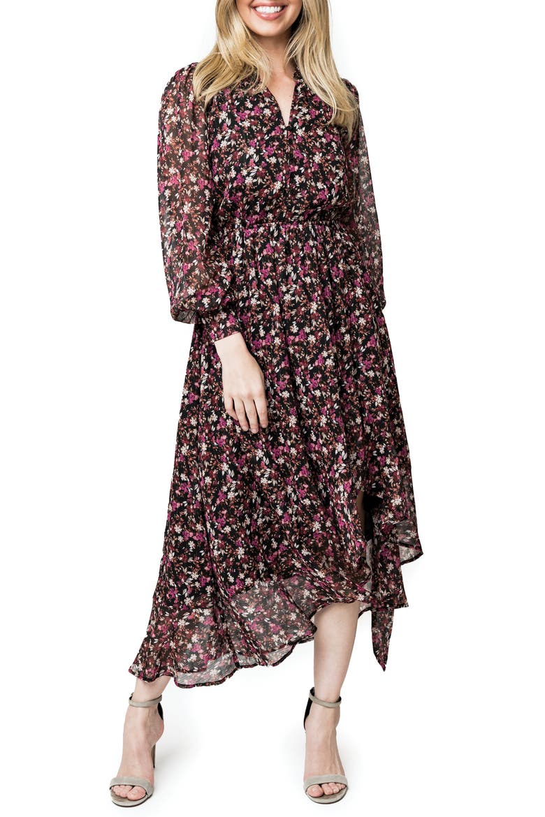 Lindsey Metallic Long Sleeve Dress, Main, color, FESTIVE BERRY FLORAL