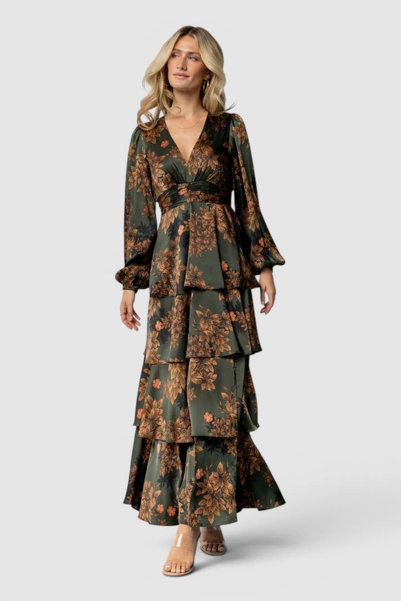 Montrouge Tiered Satin Dress, Main, color, Olive Floral