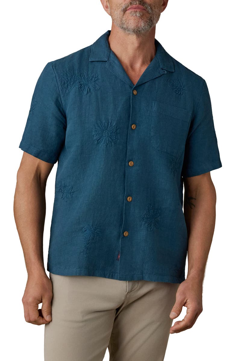 Faherty Embroidered Linen Camp Shirt, Main, color, Pacific Tides
