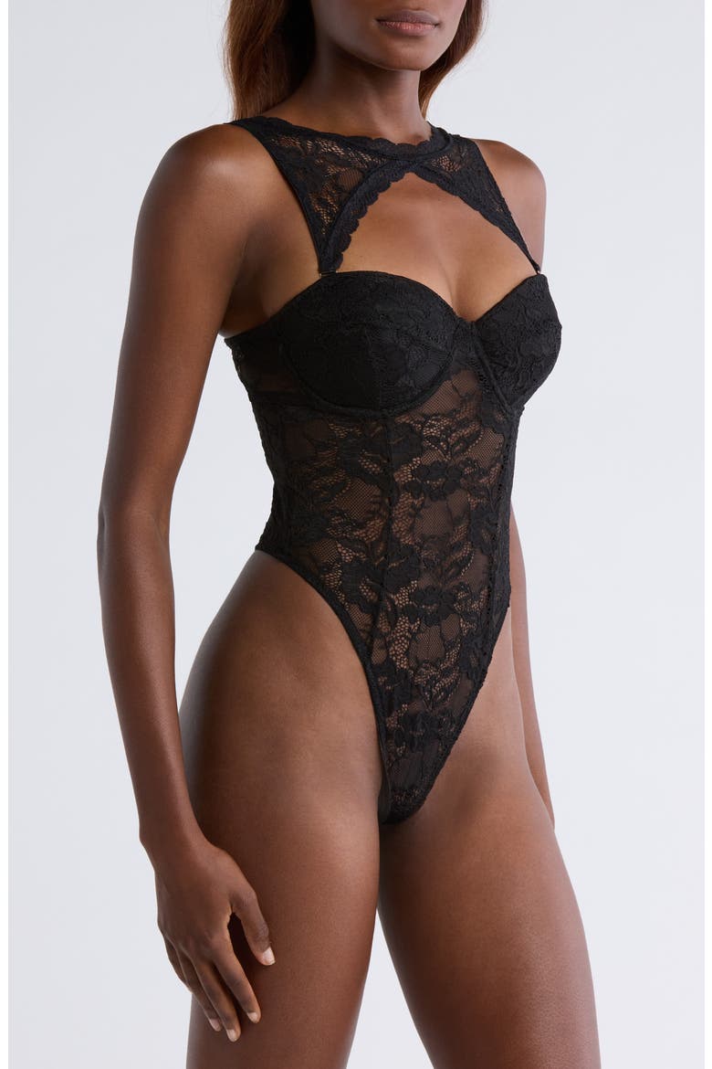 Lace Underwire Teddy with Removable Neck Piece, Alternate, color, BLACK