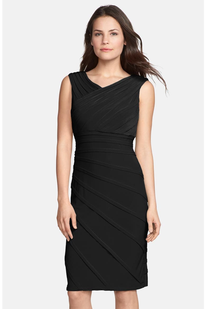 V-Neck Shutter Pleat Sheath Dress, Alternate, color, BLACK