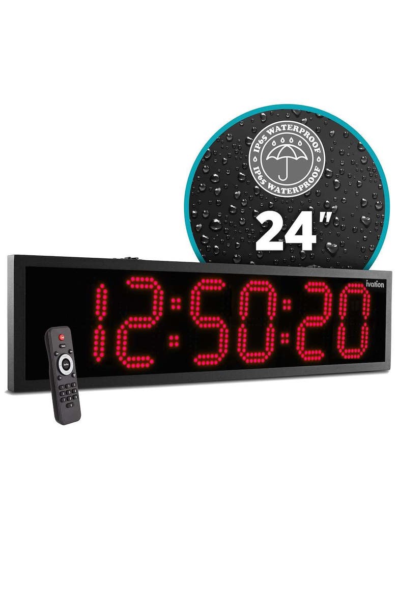 24" Outdoor Digital Clock, Waterproof LED Display, Auto Time Sync, Temp, Date And Timer - Red, Main, color, Red