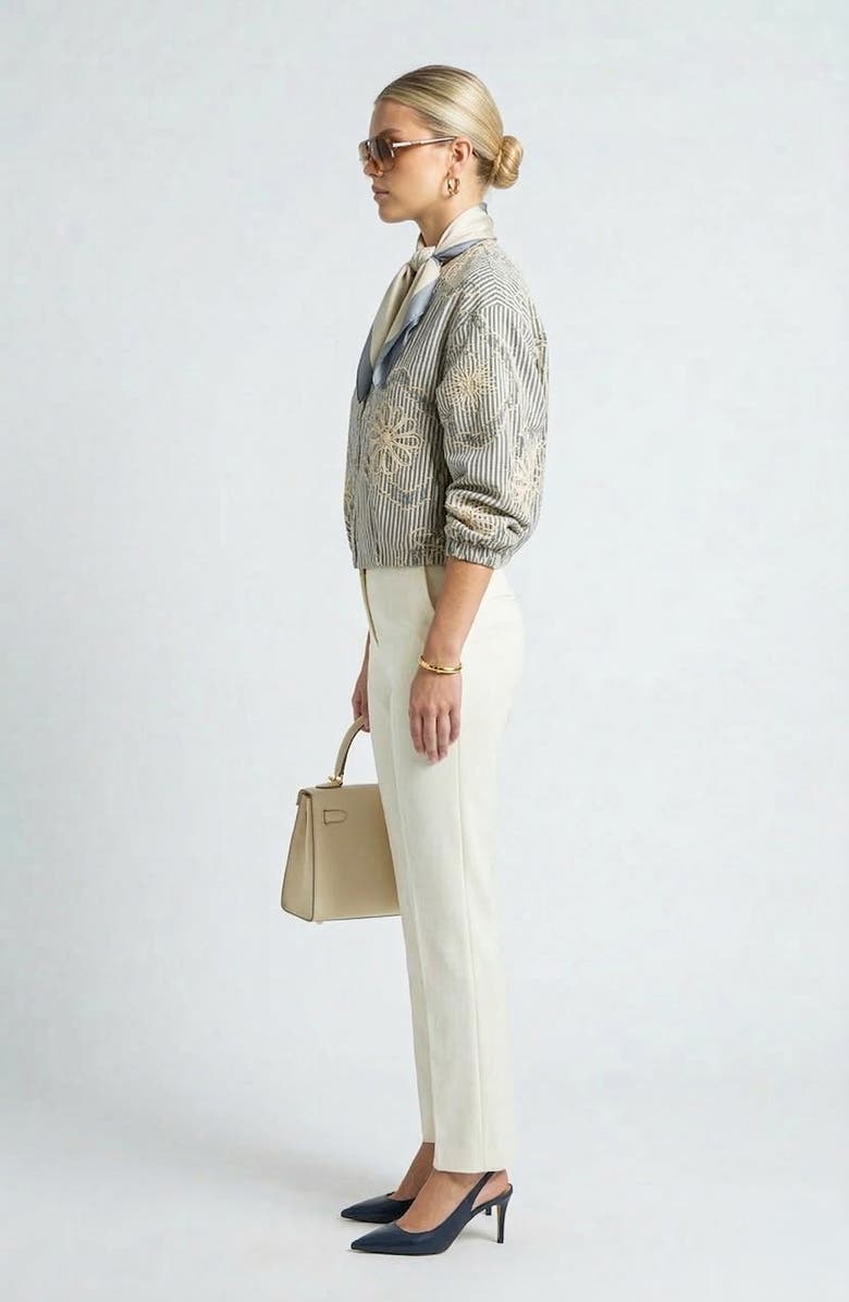 Knit & Lounge Long Sleeve Cropped Jacket with Zip Front and Embroidered Stripe Pattern, Alternate, color, Striped