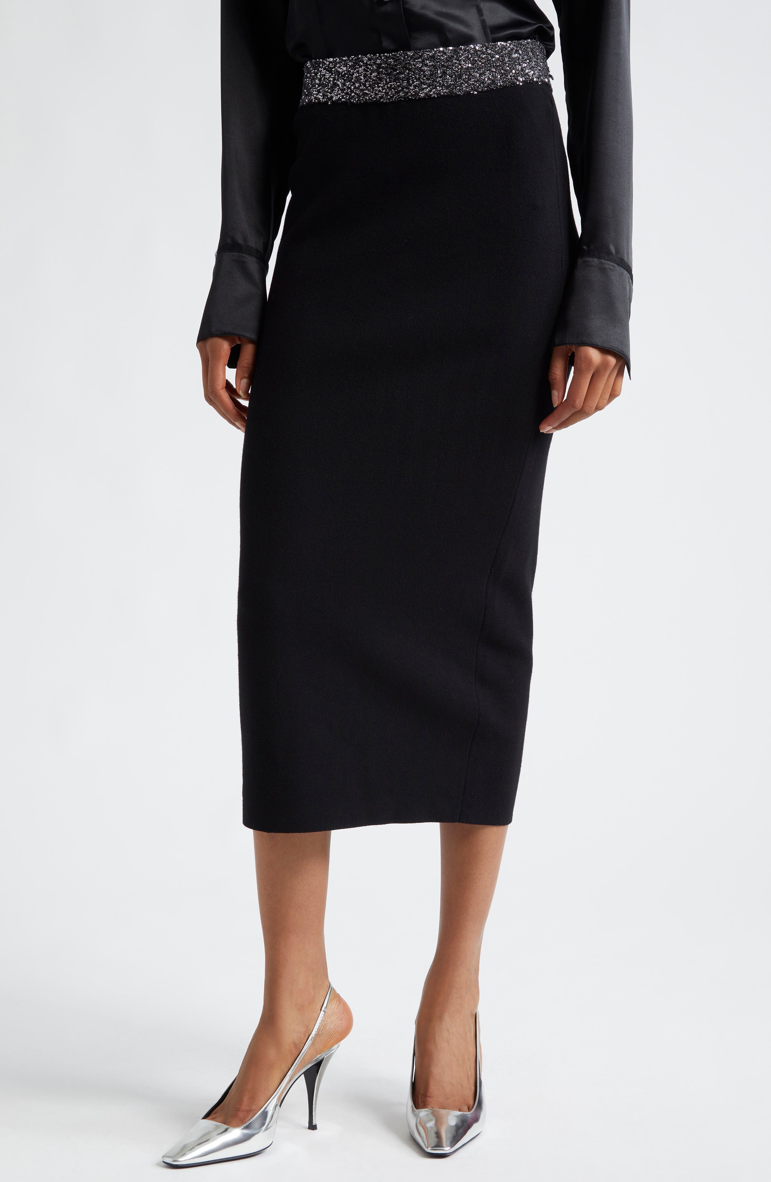 Jane Sequin Embellished Knit Midi Pencil Skirt