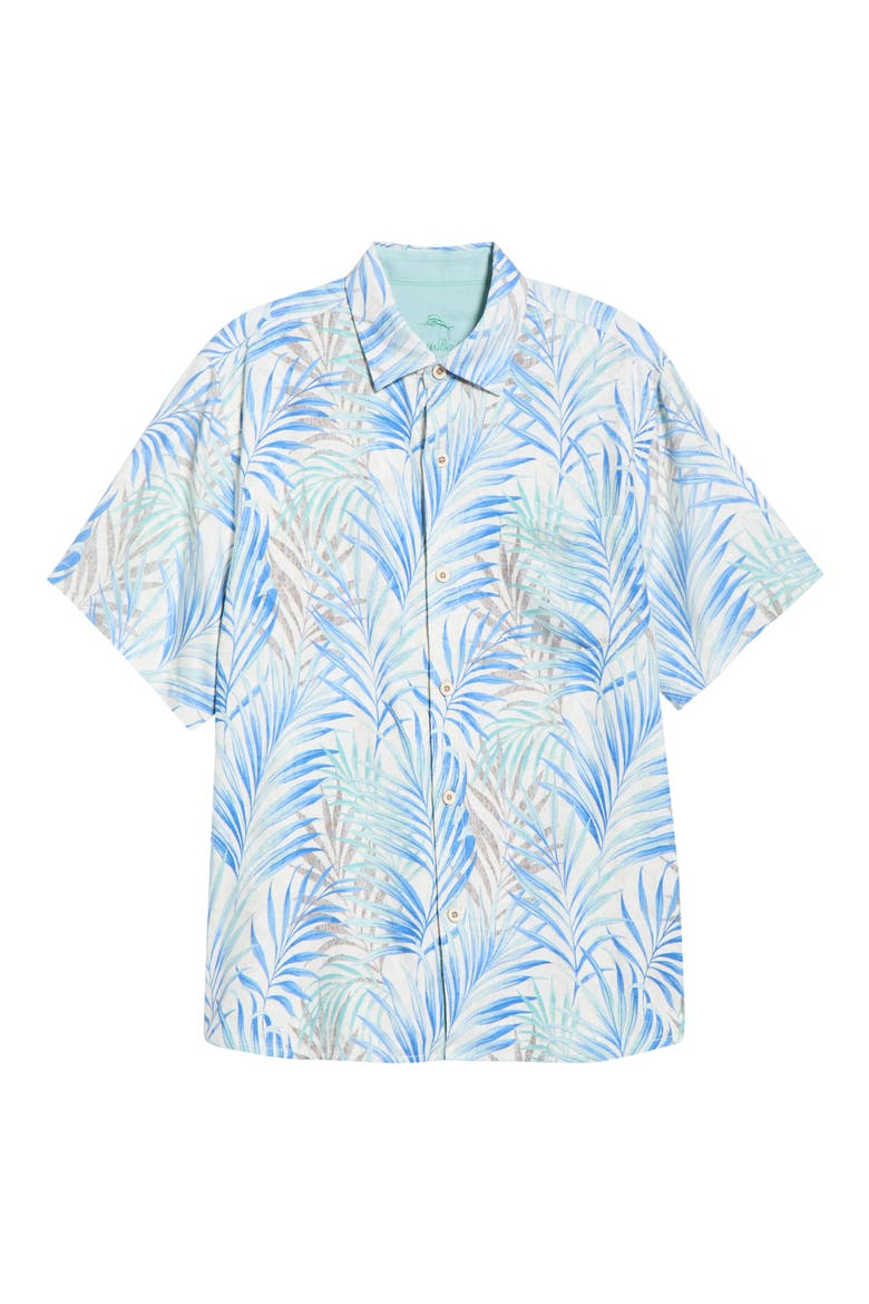 Palm Dancer Leaf Print Short Sleeve Silk Button-Up Shirt, Alternate, color, BANFF BLUE