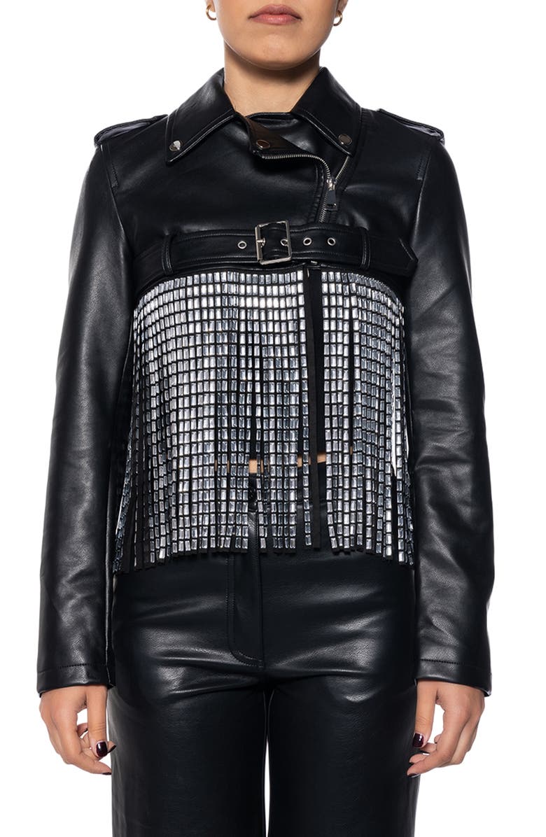 AZALEA WANG Super Rhinestone Fringe Belted Faux Leather Crop Moto Jacket, Main, color,