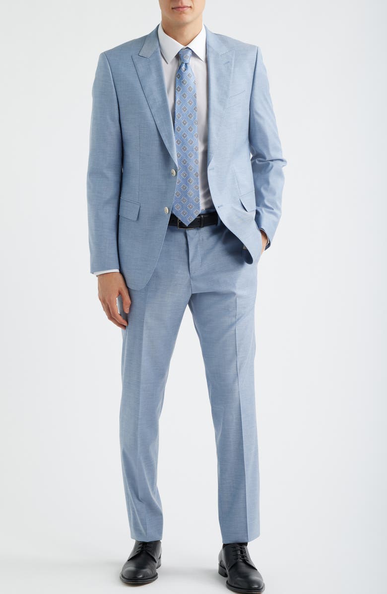 BOSS Huge Slim Fit Peak Lapel Wool Blend Mélange Suit, Alternate, color, Light Blue