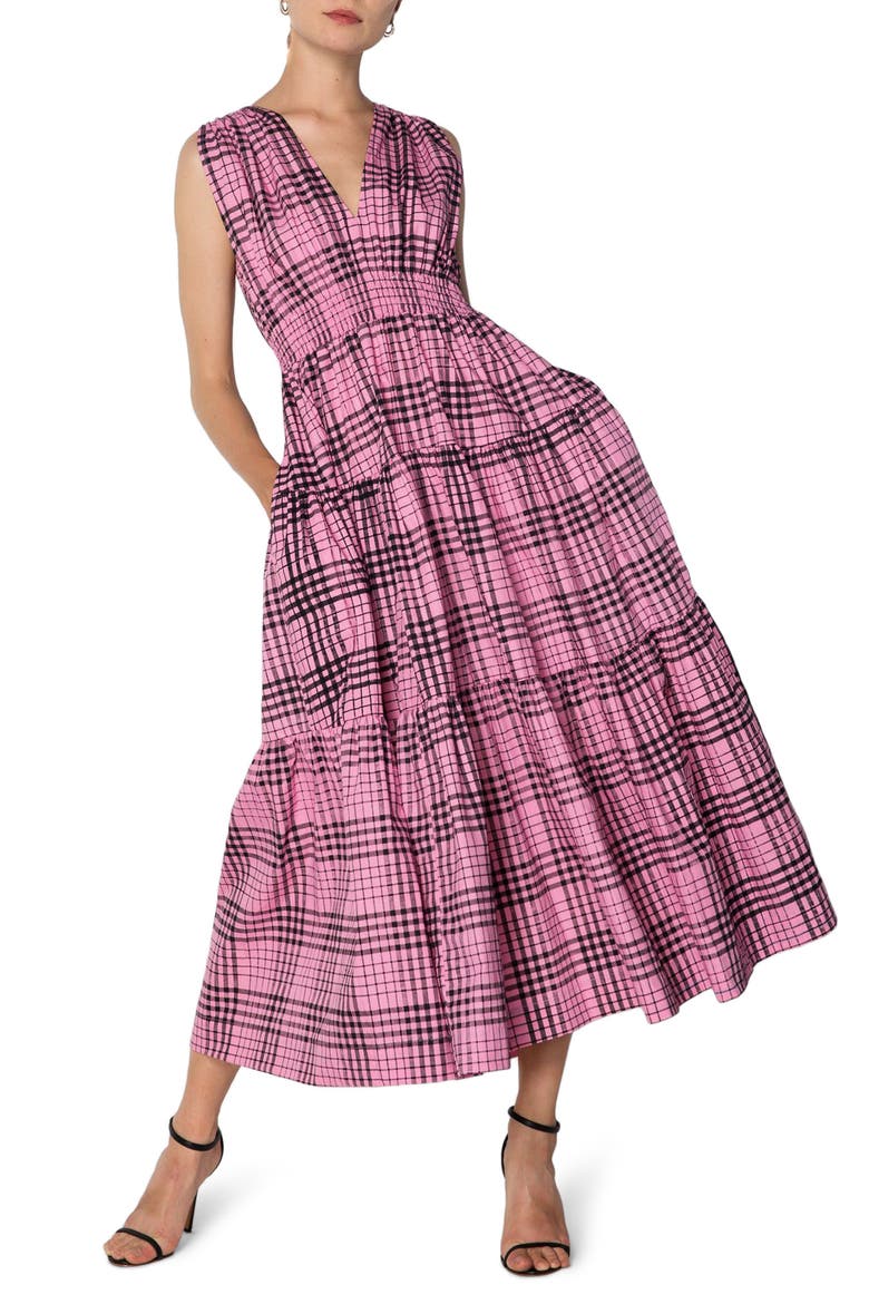 Kinetic Floss Check Tiered Midi Dress, Main, color, KINETIC FLOSS